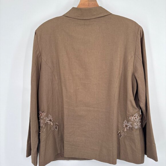 Coldwater Creek Embroidered Beaded Floral linen Jacket Size Large brown pockets - Picture 11 of 11